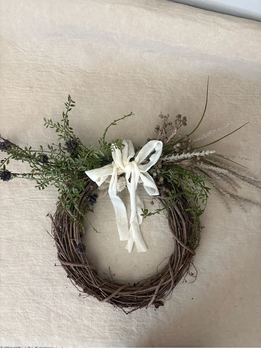 Neutral Rustic Grapevine Wreath with Cream Ribbon - Home Holiday